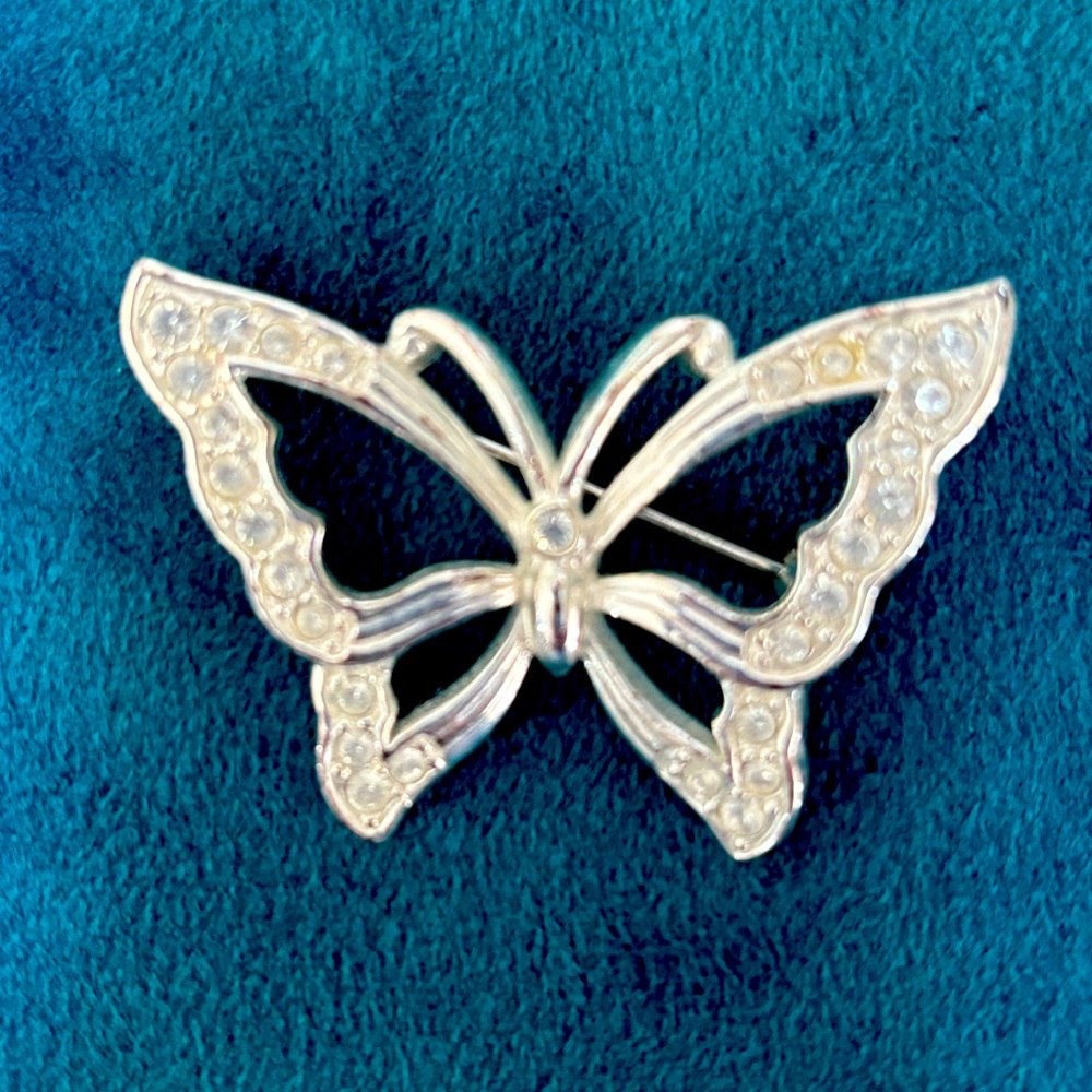 Monet Vintage Butterfly Pin -White Rhinestone in Silver-tone Setting -Stunning
